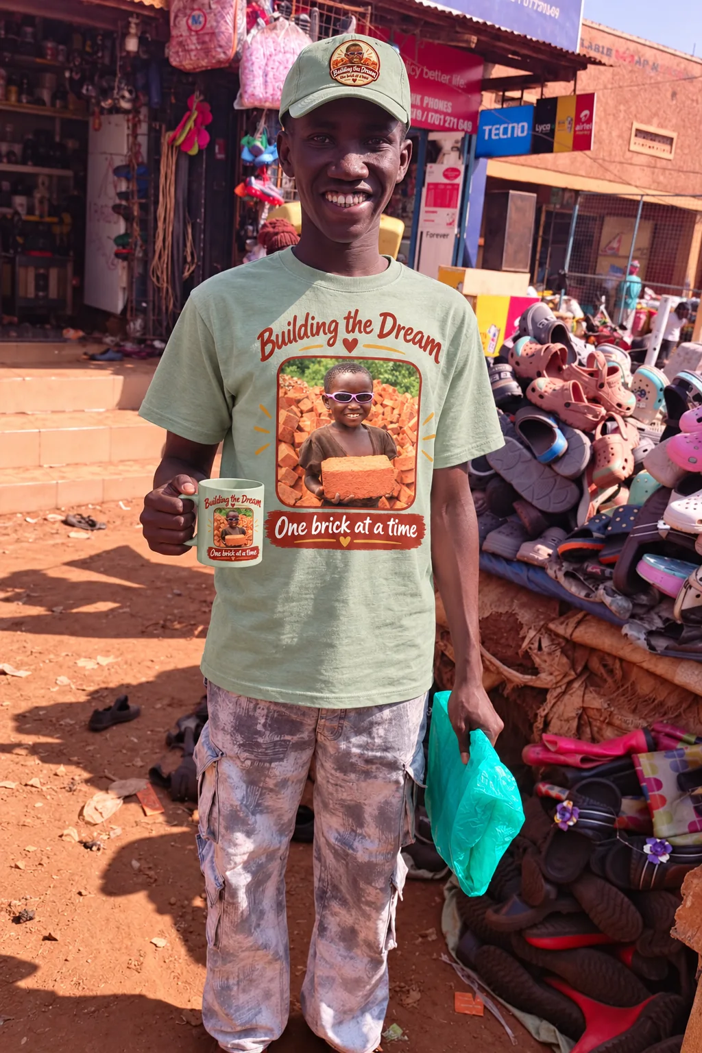 A school supporter wearing a Building the Dream shirt and cap, holding a matching mug