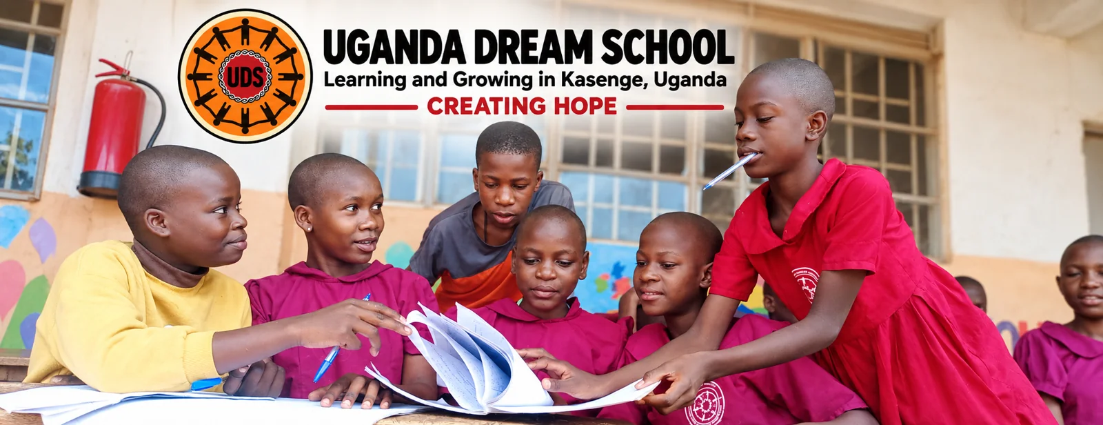 Uganda Dream School banner with its crest and students studying together