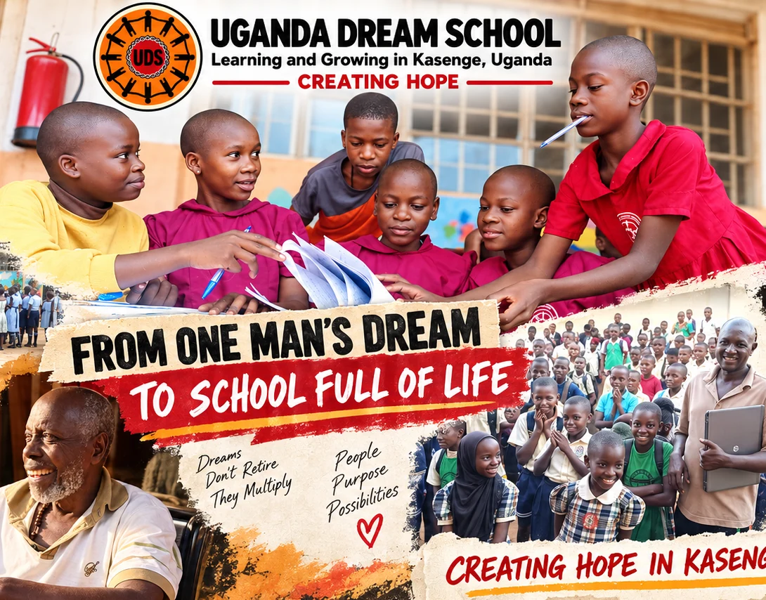 Uganda Dream School promotional collage: children learning together, a school community, and the message From One Man’s Dream to a School Full of Life
